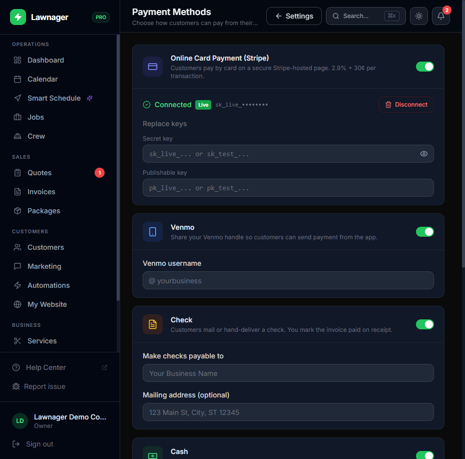Settings Payments